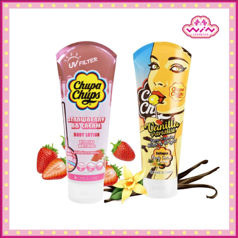 Chupa Chups จูปาจุ๊ปส์ โลชั่นบีบี สตรอเบอร์รี่ / วานิลลา บอดี้ เซรั่ม 200 มล. พร้อมปกป้องผิวจากแสงแดด
